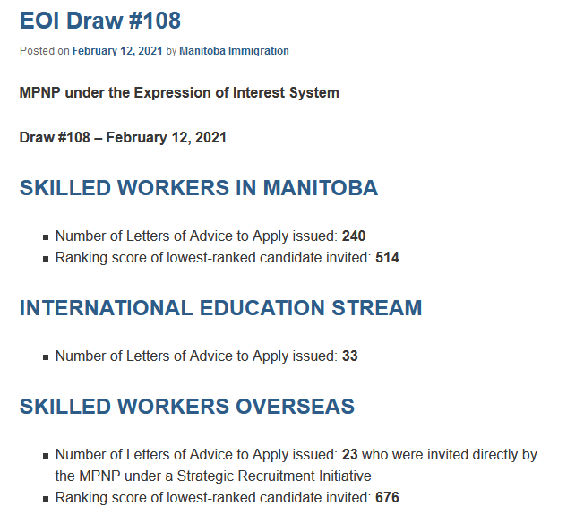 加拿大曼省技术移民EOI最新一轮（#108轮）筛选