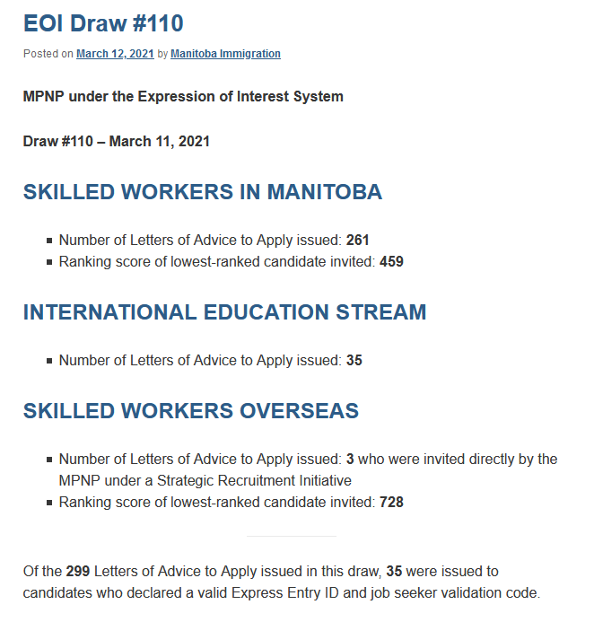3.11|加拿大曼省技术移民EOI最新（#110轮）筛选